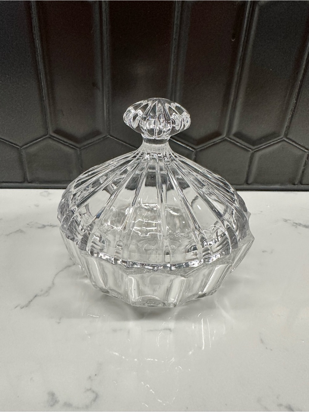 Vintage Hofbauer crystal candy dish featuring an etched rose design in the cente